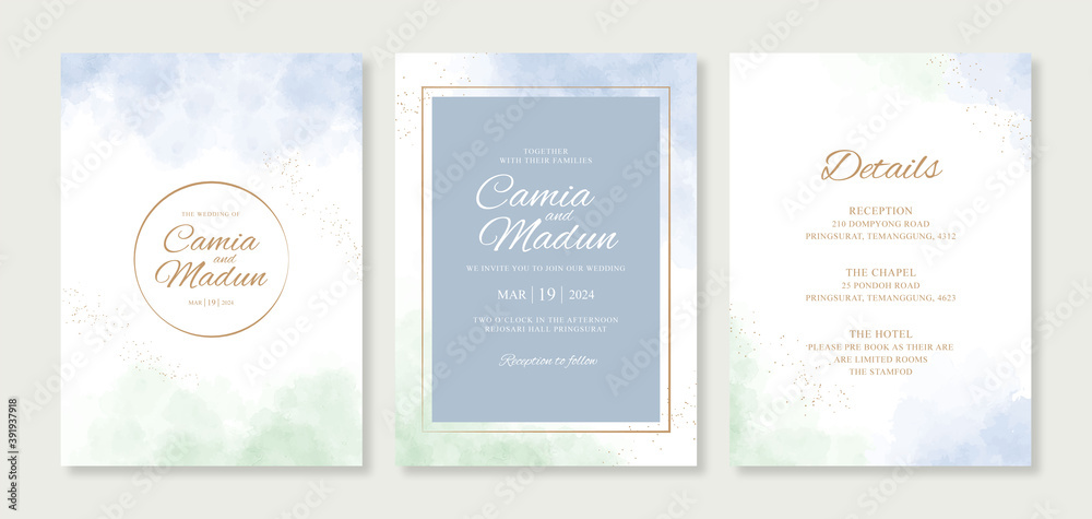 Fototapeta premium Elegant wedding invitation card template with hand painting watercolor splash