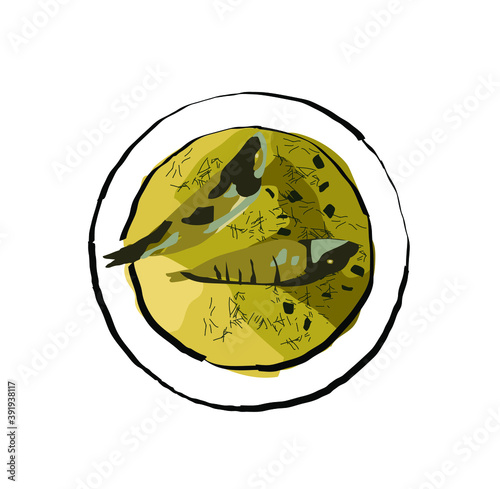 Fish soup with ruff and perch, with dill and onions, is called ukha. Vector illustration. Flat. 