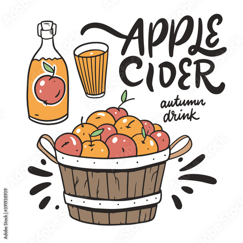 Apple cider autumn drink. Hand drawn sketch. Line art style.