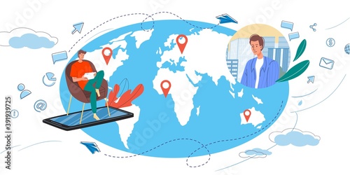 Cartoon flat characters surfing internet - global worldwide content,web chat,social media service,online education,messenger communication,freelance remote work concept