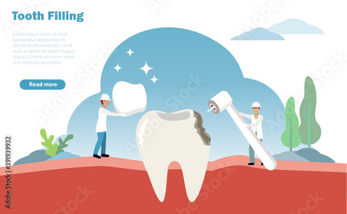 Tooth filling and dental treatment concept. Dentists drilling decay tooth and filling to patient dent. Vector Illustration.