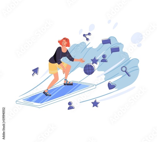 Cartoon flat character surfing internet - global worldwide content,web chat,social media service,online education,messenger communication,freelance remote work concept