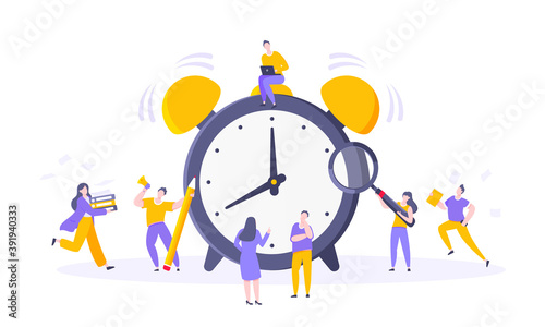 Good working time or effective time management business concept. Analog alarm clock rings and people hurry up to work or education exam vector illustration. Quick reaction awakening and deadline.