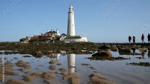 St. Mary's Lighthouse and reflection from the causeway at Whitley Bay in 4K