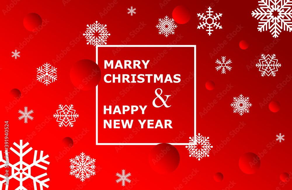 Christmas and New Year typography with Xmas background, winter landscape with snowflakes, light, stars. Merry Christmas card. Vector Illustration