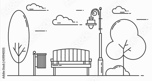 Outline city park, bench, lights and trees. Landscape sketch. Creative horisontal line art monochrome vector illustration on white background.