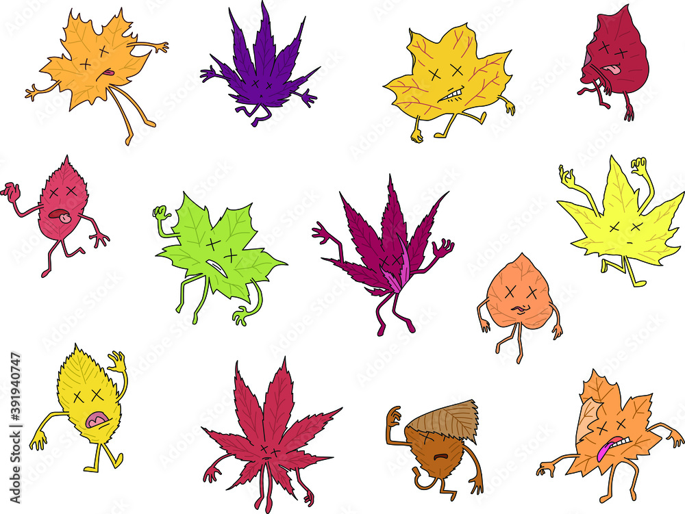 Fototapeta premium Cartoon Fall Leaves with Dead Faces