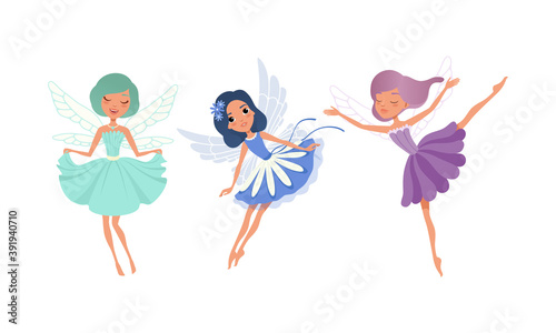 Cute Girl Fairies with Wings Set, Adorable Girls Flying in Colorful Pretty Blue and Purple Dresses Cartoon Vector Illustration