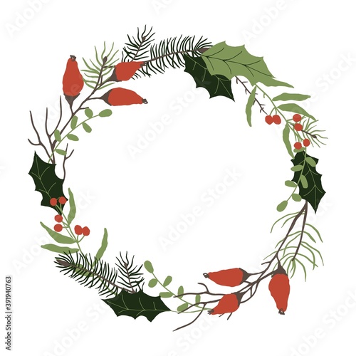 Round floral frame with winter floral decoration element with pine, leaves, berries and spruce. Herbal wreath. Decorative wreath. Hand drawn style.