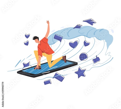 Cartoon flat character surfing internet - global worldwide content,web chat,social media service,online education,messenger communication,freelance remote work concept