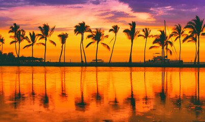 Deken met foto Palmboom Silhouet palmen spiegelen op kalme Caribische zee  © Maridav