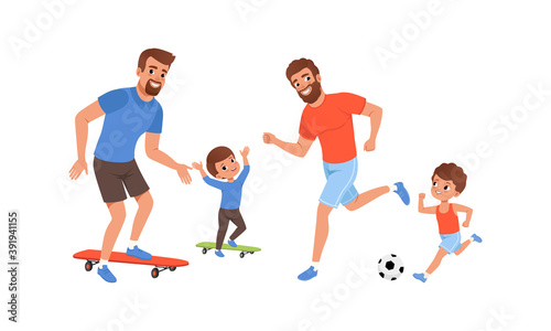 Father and their Sons Doing Sports Together, Cheerful Men and Boys Playing Soccer and Riding Skateboard Cartoon Vector Illustration