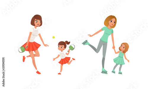 Mother and their Daughters Doing Sports Together, Cheerful Women and Girls Playing Tennis and Rollerblading Cartoon Vector Illustration