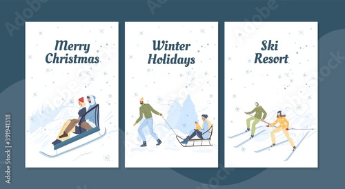 Flat cartoon family characters doing winter outdoor activities,skiing and sledging in snow,merry christmas,happy New Year holiday concept