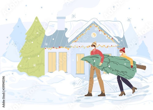 Flat cartoon happy family characters carry christmas tree -merry Xmas,happy New Year holiday concept