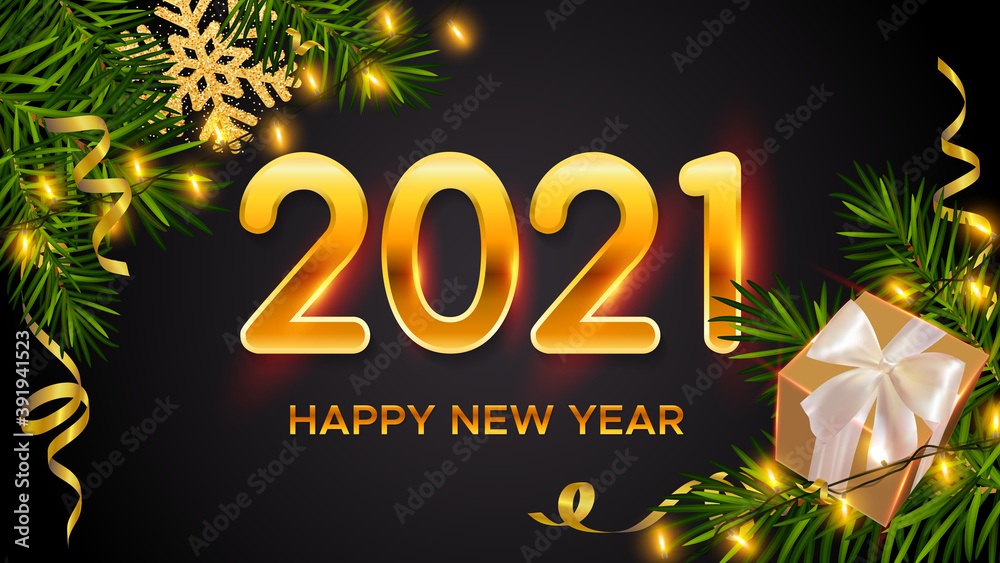 2021 New Year background with golden numbers 2021, realistic pine branches, gifts box, glitter gold snowflakes and tinsel. New Years and Christmas poster, greeting card, banner