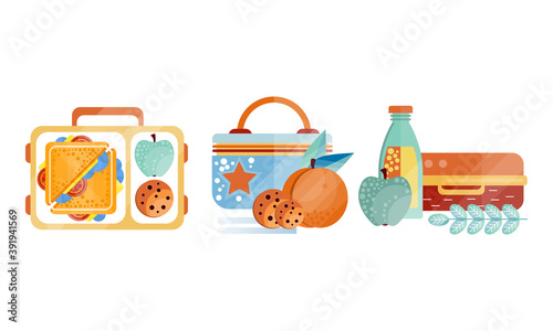 Lunch Boxes with Various Ingredients Set, Food For Kids and Students Collection Flat Vector Illustration