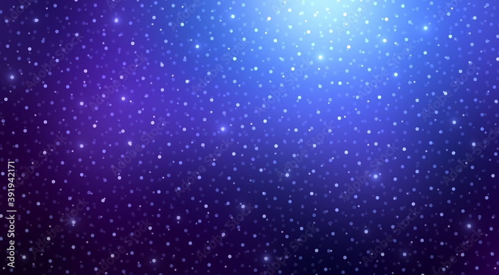 Starry bokeh shimmering on dark blue magical sky. Wonderful night background for festive decor.