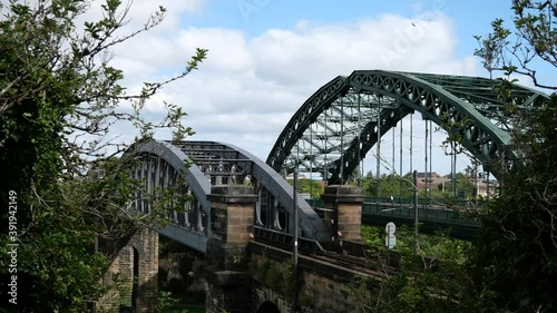Footage of Sunderland's iconic Wearmouth Bridge & Railway Bridge, UK, 4K