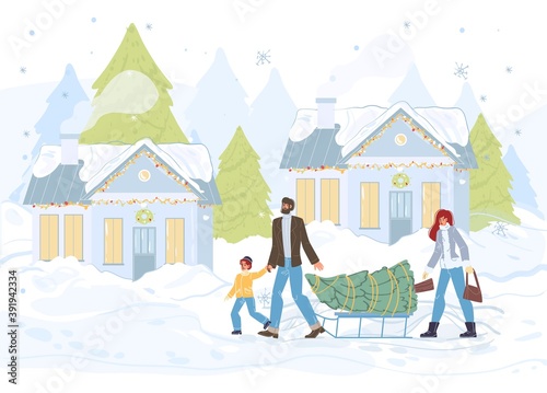 Flat cartoon happy family characters carry christmas tree -merry Xmas,happy New Year holiday concept