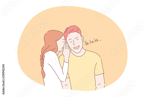 Joke, sharing secrets, flirting, dating, romance concept. Girl teen cartoon character whispering jokes and secrets to smiling boyfriends ear during meeting. Togetherness, falling in love, laughing 