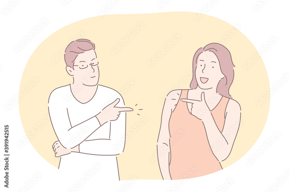 Couple expressing positive dispute and relationship concept. Young couple cartoon characters standing, smiling and pointing at each other with forefingers expressing communication meaning with hands Couple expressing positive dispute and relationship concept. Young couple cartoon characters standing, smiling and pointing at each other with forefingers expressing communication meaning with hands