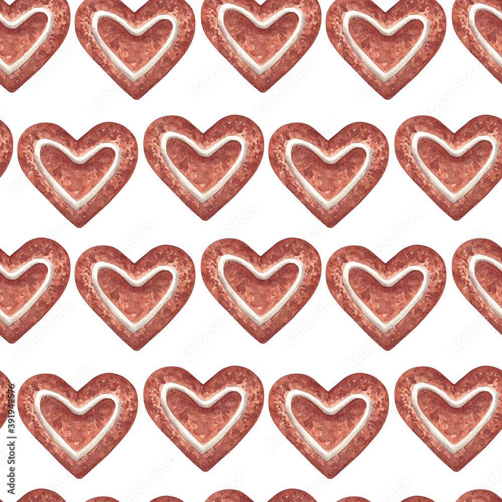 Seamless pattern with heart shaped biscuits. Hand painted watercolor illustration on white background