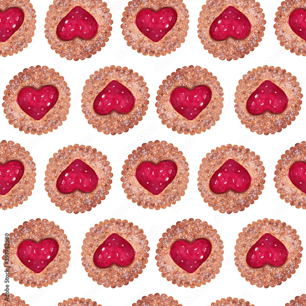 Fototapeta premium Seamless pattern with biscuits and heart shaped jam. Hand painted watercolor illustration on white background