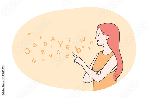 Education, teaching, speech therapy concept. Happy woman therapist teacher cartoon character articulates on logopedic treatment session. Learning latin english alphabet letters at school kindergarten 