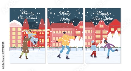 Flat cartoon family characters doing winter outdoor activities,ice skating in snow,merry christmas,happy New Year holiday concept