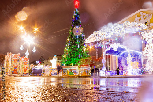 Russia, Cheboksary. Chuvash Drama Theater with a city New Year tree.