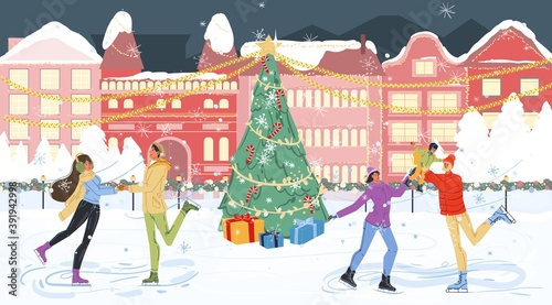 Flat cartoon family characters doing winter outdoor activities,ice skating near christmas tree in snow,merry Xmas,happy New Year holiday concept
