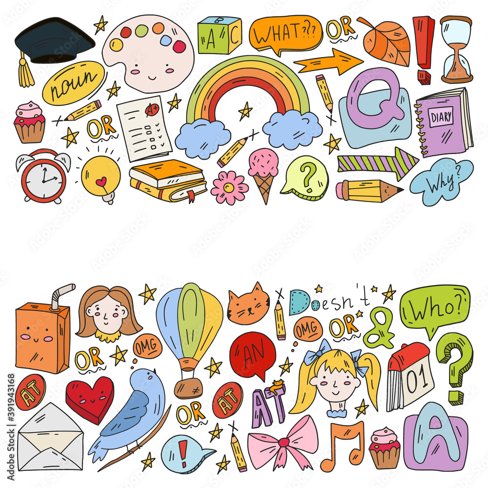 Fototapeta premium Back to school. Vector illustration with icons about education. English learning. Online internet courses.