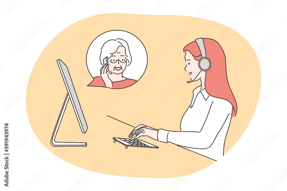Service, call center concept. Woman operator consultant cartoon character with headset talking gives advise to senior citizen online. Wireless customer support service and communication illustration. Service, call center concept. Woman operator consultant cartoon character with headset talking gives advise to senior citizen online. Wireless customer support service and communication illustration.