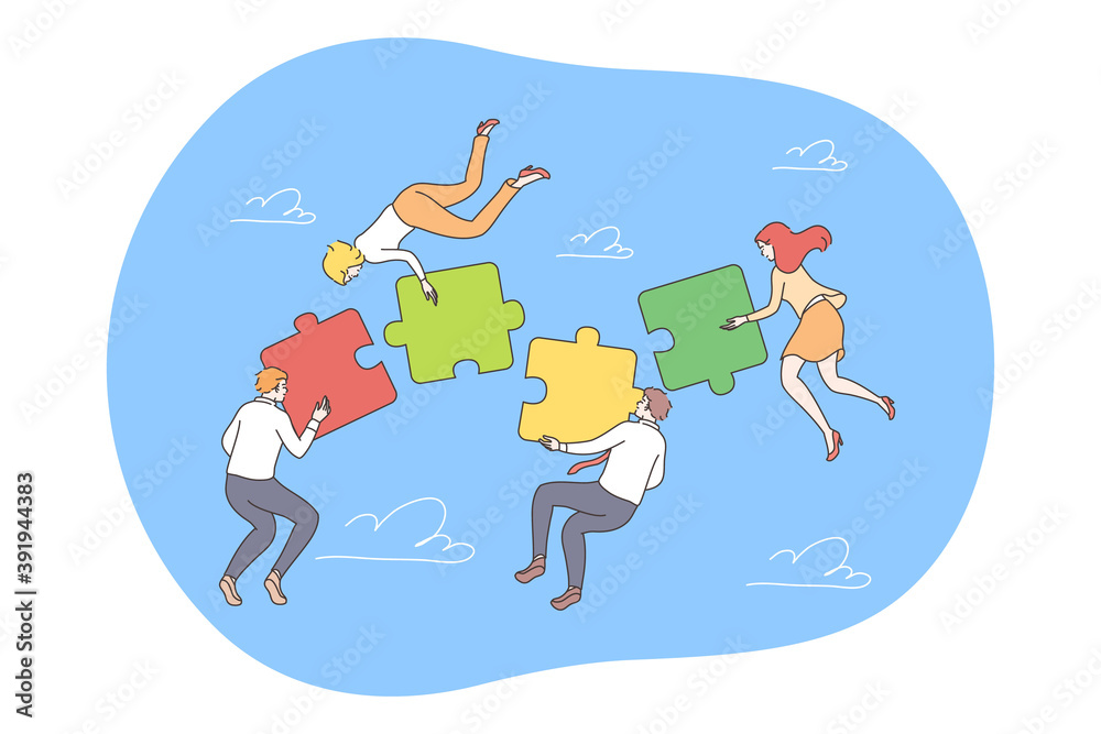 Business, teamwork, collaboration concept. Group of businessmen women managers cartoon characters cooperate together collect assembling jugsaw puzzles. Team coworking and partnership illustration.