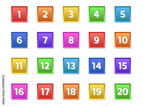 Colorful number icon from 1 to 20. Vector illustration.