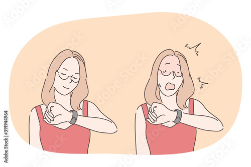 Time, clock, watch, being late concept. Young lady business woman cartoon character looking at wristwatch with relaxation, control and with shock being late and hurrying up for meeting or deadline