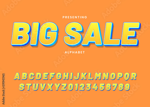 Big sale, custom font alphabet. 3d font for promotional headline, ads banner, text effect