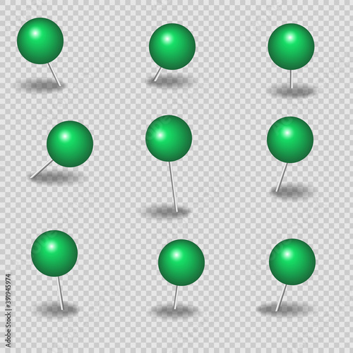 Green hairpins for paper on a transparent background with a gray shadow. EPS 10