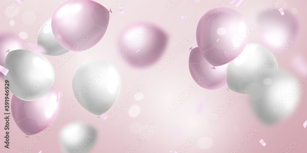 Celebration party banner with pink color balloons background. Sale Vector illustration. Grand Opening Card luxury greeting rich.