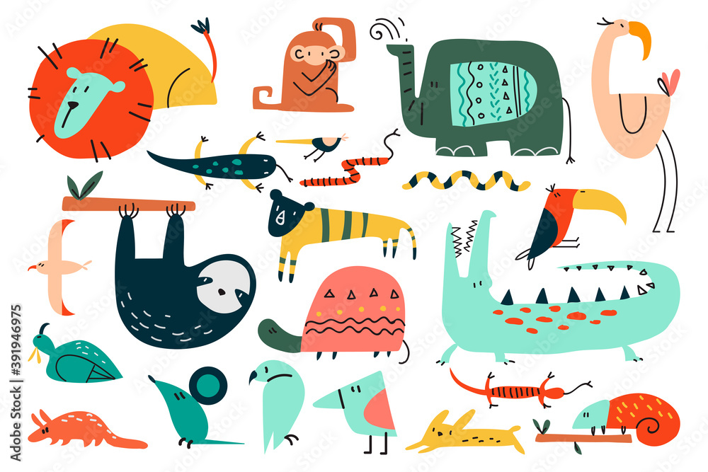 Wild animals doodle print set
