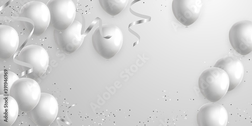 Celebration frame party banner with gray balloons background. Sale Vector illustration. Grand Opening Card luxury greeting rich.