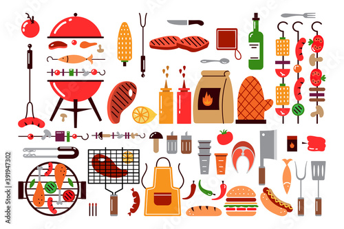  Barbecue food doodle print set