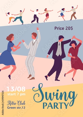 Colorful poster for swing party with dancing people and a place for text. Vertical advertising template with couples performing retro dance, lindy hop or twist. Flat vector cartoon illustration