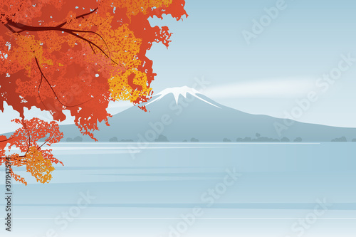 Autumn landscape, colorful leaves in front of mountain and river