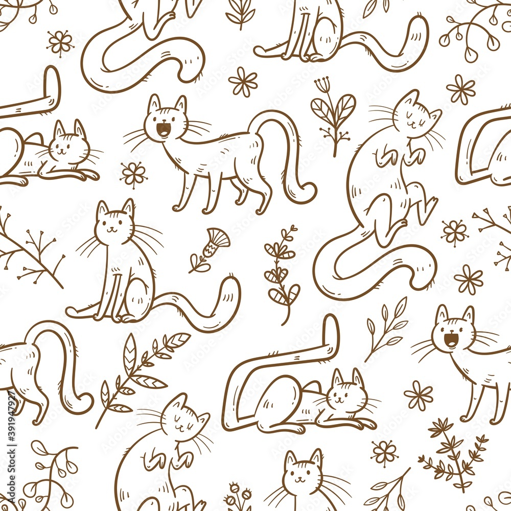 Seamless pattern with cute cats and plants on a white background. Funny kittens are walking on the grass. Playful animal print. Vector doodle image. Childish beautiful wallpaper.