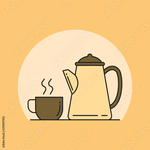 Simple cup of coffee and kettle vector illustration. Coffee linear color style icon 
