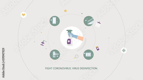 2019-nCoV covid-19 virus protection tips. Coronovirus alert. Set of flat vector illustration. What items to disinfect - door handle, stairs, telephone, switch. Sanitizer in hand