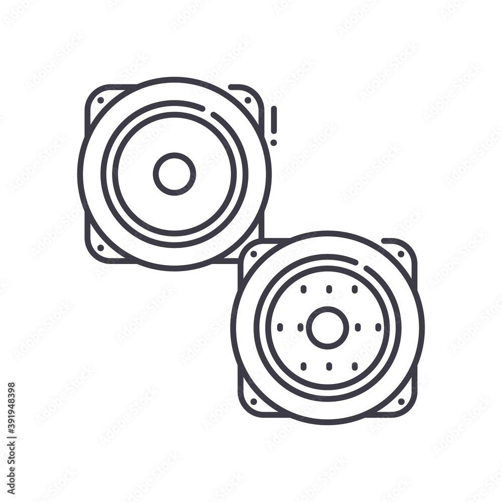Loudspeakers icon, linear isolated illustration, thin line vector, web design sign, outline concept symbol with editable stroke on white background. Loudspeakers icon, linear isolated illustration, thin line vector, web design sign, outline concept symbol with editable stroke on white background.