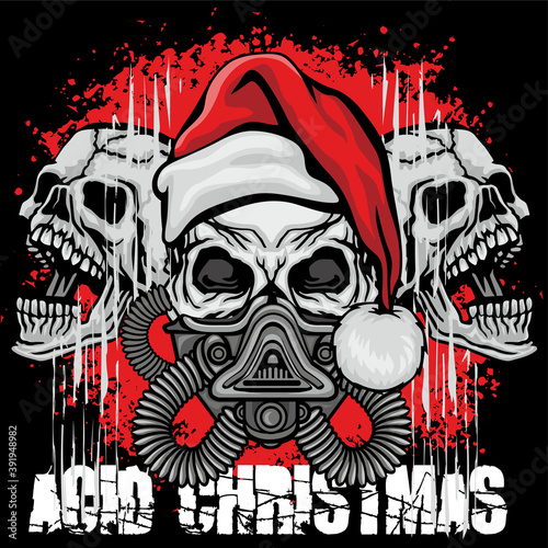 Xmas sign with skull and Santa Claus and gas mask, grunge vintage design t shirts